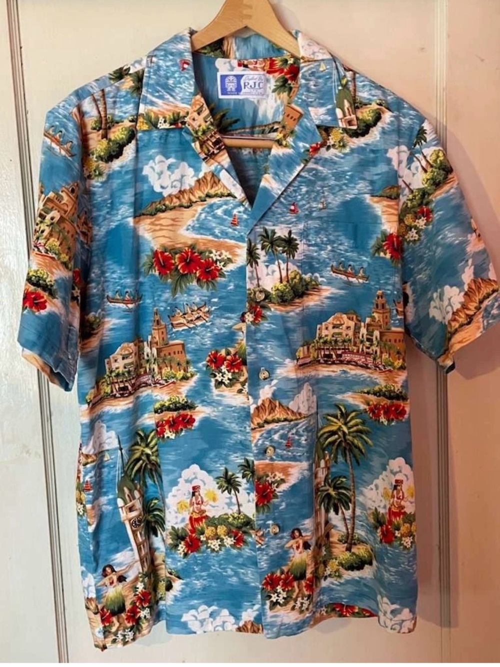 VTG Tropical Print Hawaii Shirt - Blue Hawaiian Style - Size L